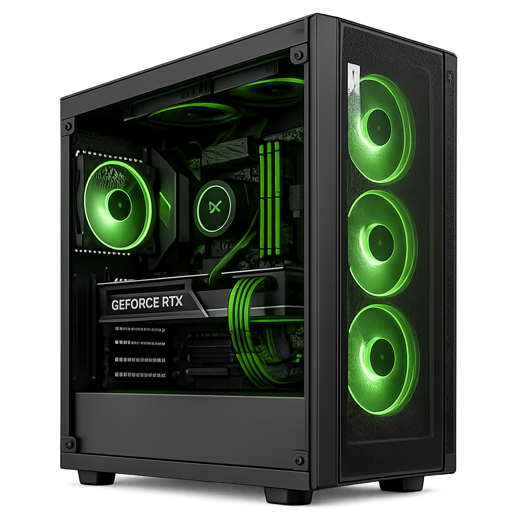 Black gaming PC case with a glass side panel